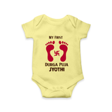 My First Durga Puja Baby Footprint Baby Romper - PASTEL YELLOW - New Born (Chest 14")