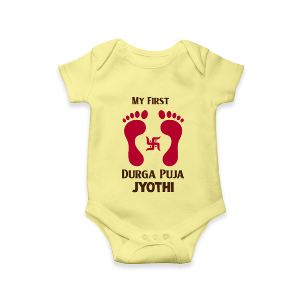 My First Durga Puja Baby Footprint Baby Romper - PASTEL YELLOW - New Born (Chest 14")