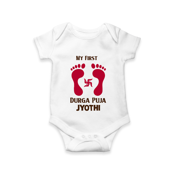My First Durga Puja Baby Footprint Baby Romper - WHITE - New Born (Chest 14")