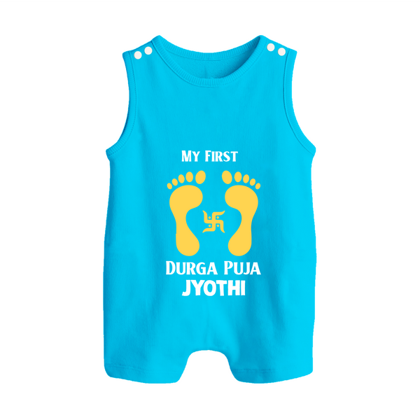 My First Durga Puja Baby Footprint Baby Button Romper - SKY BLUE - New Born (Chest 18")