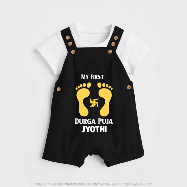 My First Durga Puja Baby Footprint Baby Dungaree - BLACK - 0 - 5 Months Old (Chest 18")