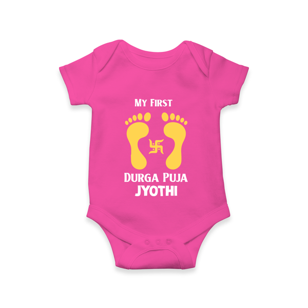 My First Durga Puja Baby Footprint Baby Romper - HOT PINK - New Born (Chest 14")