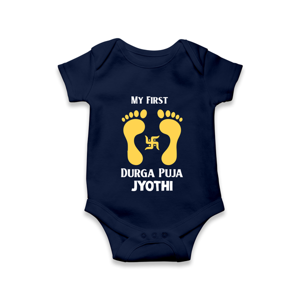 My First Durga Puja Baby Footprint Baby Romper - NAVY BLUE - New Born (Chest 14")