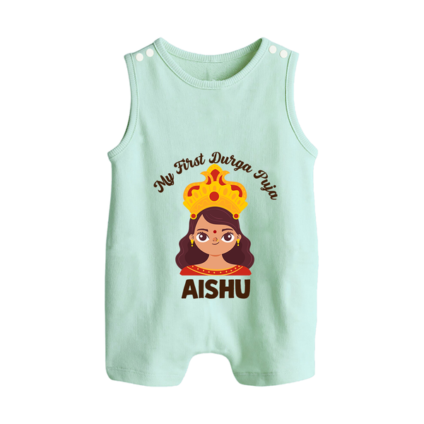 My First Durga Puja Little Goddess Baby Button Romper - MINT GREEN - New Born (Chest 18")