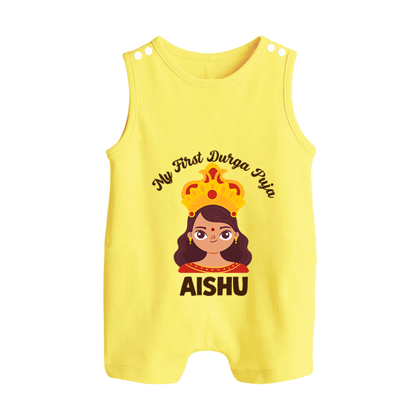 My First Durga Puja Little Goddess Baby Button Romper - PASTEL YELLOW - New Born (Chest 18")
