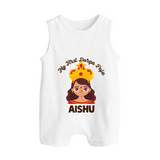My First Durga Puja Little Goddess Baby Button Romper - WHITE - New Born (Chest 18")