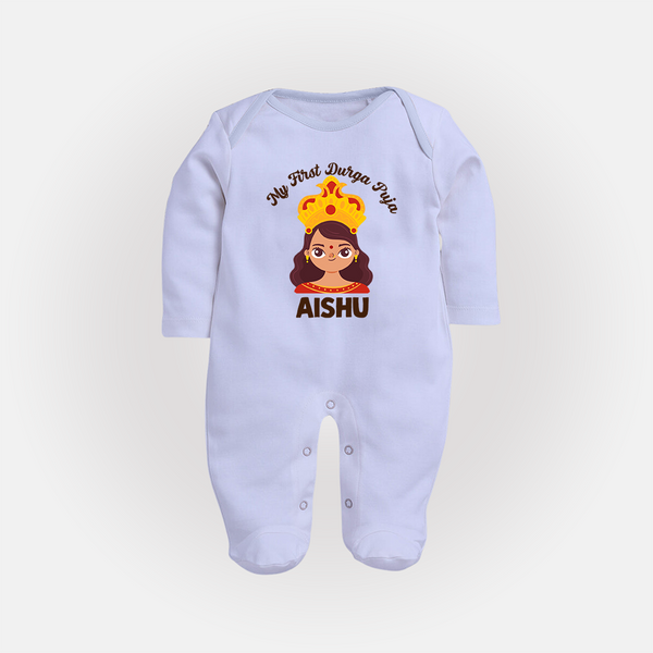 My First Durga Puja Little Goddess Baby Full Body Suit - BABY BLUE - New Born (Chest 7.5")