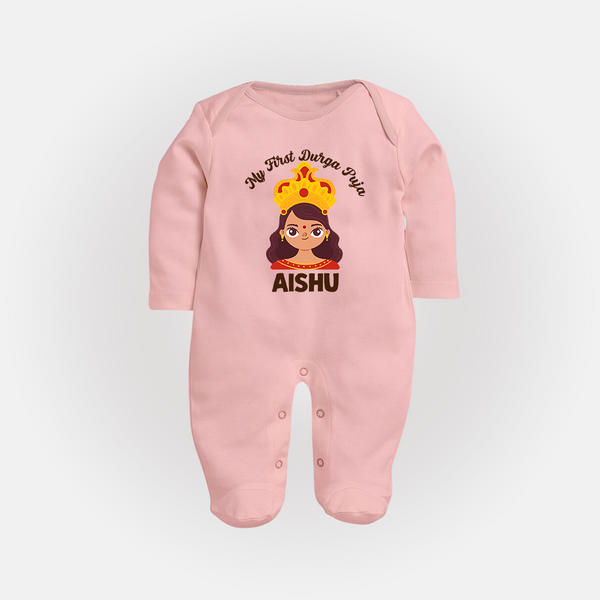 My First Durga Puja Little Goddess Baby Full Body Suit - BABY PINK - New Born (Chest 7.5")
