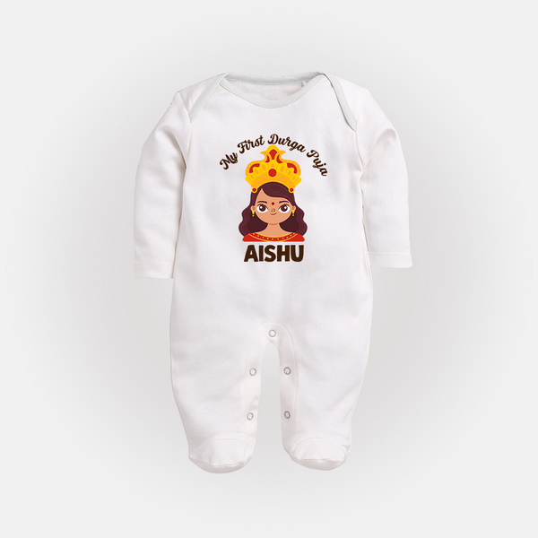My First Durga Puja Little Goddess Baby Full Body Suit - WHITE - New Born (Chest 7.5")