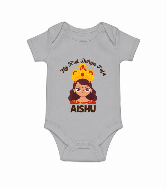 My First Durga Puja Little Goddess Baby Romper - GREY - New Born (Chest 14")