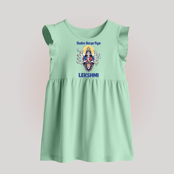 Shubho Durga Puja Goddess & Lion Baby Baby Frock - MINT GREEN - 0 - 3 Months Old (Chest 17")