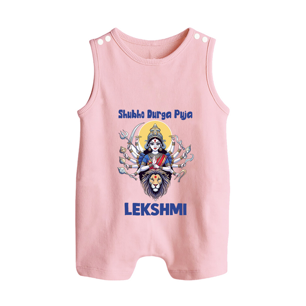 Shubho Durga Puja Goddess & Lion Baby Button Romper - BABY PINK - New Born (Chest 18")