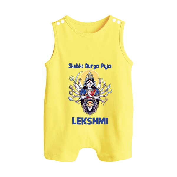 Shubho Durga Puja Goddess & Lion Baby Button Romper - PASTEL YELLOW - New Born (Chest 18")