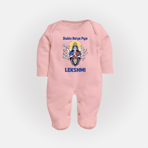 Shubho Durga Puja Goddess & Lion Baby Full Body Suit - BABY PINK - New Born (Chest 7.5")
