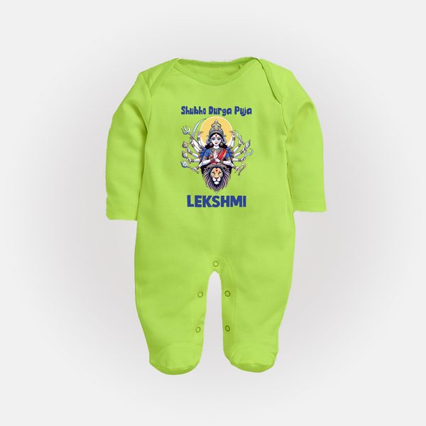 Shubho Durga Puja Goddess & Lion Baby Full Body Suit - LIME GREEN - New Born (Chest 7.5")
