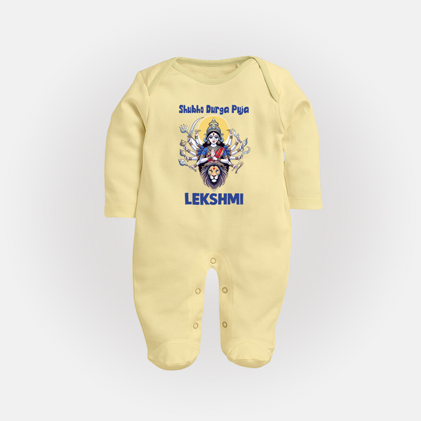 Shubho Durga Puja Goddess & Lion Baby Full Body Suit - PASTEL YELLOW - New Born (Chest 7.5")