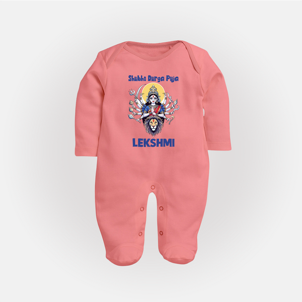 Shubho Durga Puja Goddess & Lion Baby Full Body Suit - PEACH - New Born (Chest 7.5")
