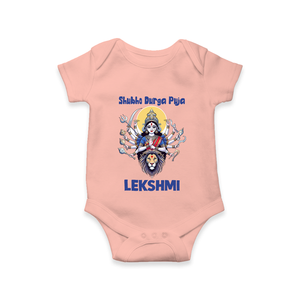 Shubho Durga Puja Goddess & Lion Baby Romper - PEACH - New Born (Chest 14")