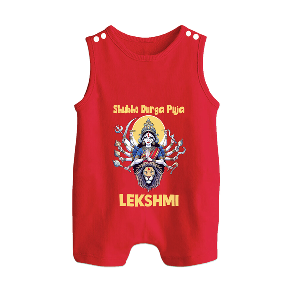 Shubho Durga Puja Goddess & Lion Baby Button Romper - RED - New Born (Chest 18")