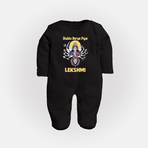 Shubho Durga Puja Goddess & Lion Baby Full Body Suit - BLACK - New Born (Chest 7.5")