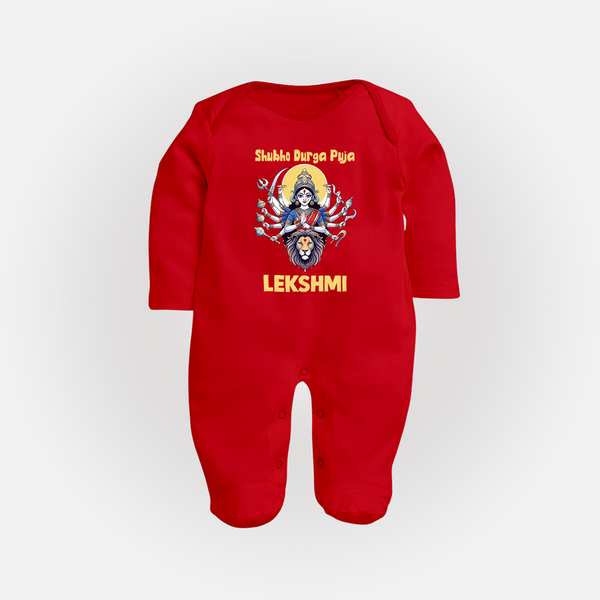 Shubho Durga Puja Goddess & Lion Baby Full Body Suit - RED - New Born (Chest 7.5")