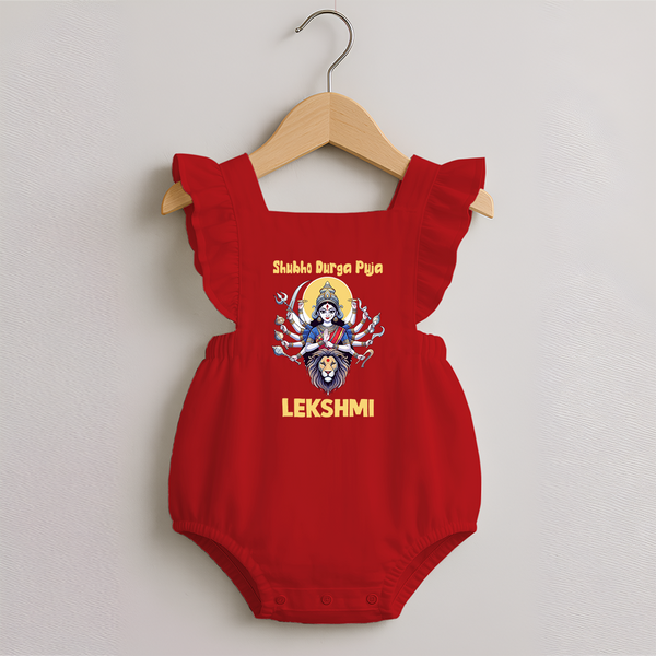 Shubho Durga Puja Goddess & Lion Baby Romper Frock - RED - 0 - 3 Months Old (Chest 19")