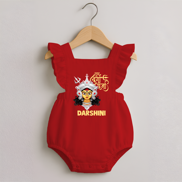 Shubh Durga Maa Divine Face Baby Romper Frock - RED - 0 - 3 Months Old (Chest 19")