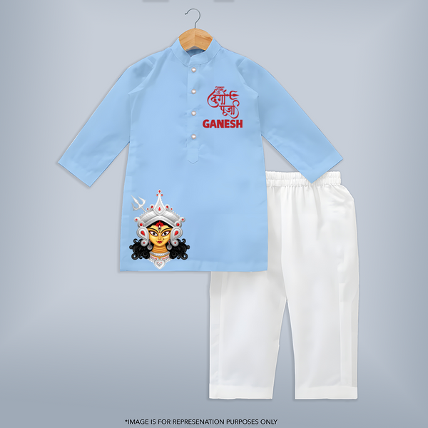 Shubh Durga Maa Divine Goddess Face Kurta - BABY BLUE - 3 - 6 Months Old (Chest 24", Kurta Length 14'', Waist 19", Pant Length 14")