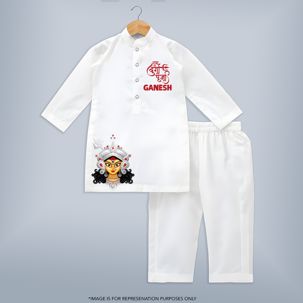 Shubh Durga Maa Divine Goddess Face Kurta - WHITE - 3 - 6 Months Old (Chest 24", Kurta Length 14'', Waist 19", Pant Length 14")