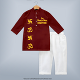 Jai Durga Maa Om & Swastik Kurta - MAROON - 3 - 6 Months Old (Chest 24", Kurta Length 14'', Waist 19", Pant Length 14")