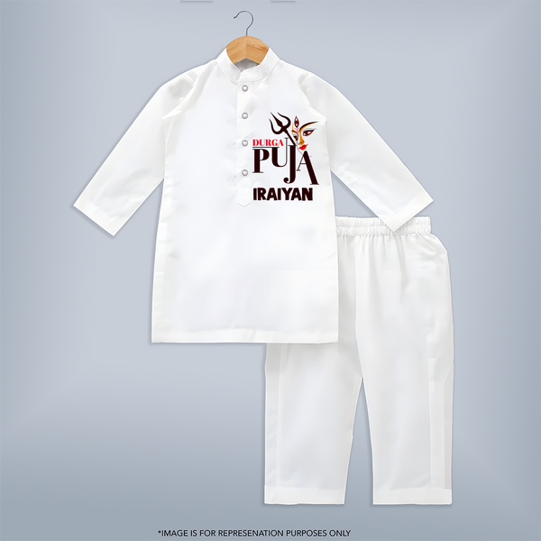 Durga Puja Trishul & Goddess Face Kurta - WHITE - 3 - 6 Months Old (Chest 24", Kurta Length 14'', Waist 19", Pant Length 14")