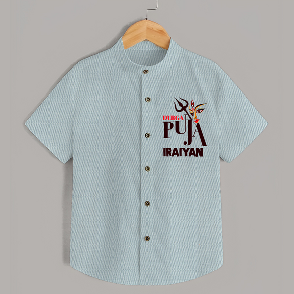 Durga Puja Trishul & Goddess Face Shirt - ARCTIC BLUE - 0 - 6 Months Old (Chest 23")