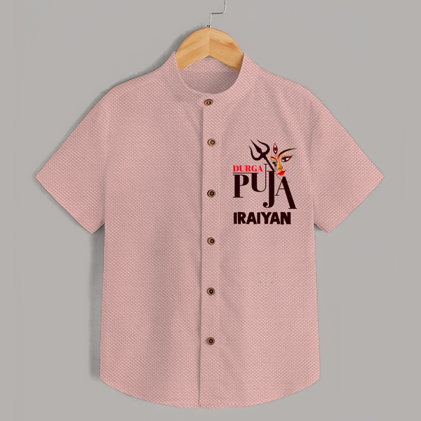 Durga Puja Trishul & Goddess Face Shirt - PEACH - 0 - 6 Months Old (Chest 23")
