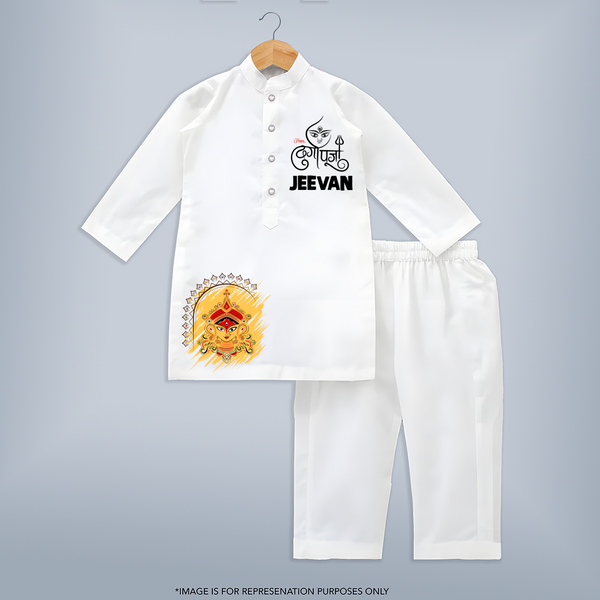 Divine Durga Maa Traditional Goddess Face Kurta - WHITE - 3 - 6 Months Old (Chest 24", Kurta Length 14'', Waist 19", Pant Length 14")
