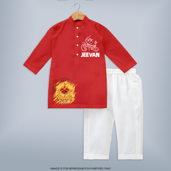 Divine Durga Maa Traditional Goddess Face Kurta - RED - 3 - 6 Months Old (Chest 24", Kurta Length 14'', Waist 19", Pant Length 14")
