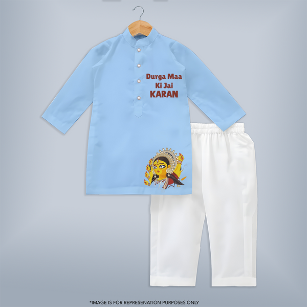 Durga Maa Ki Jai Goddess Face Kurta - BABY BLUE - 3 - 6 Months Old (Chest 24", Kurta Length 14'', Waist 19", Pant Length 14")
