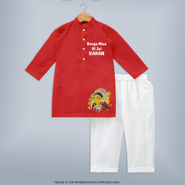 Durga Maa Ki Jai Goddess Face Kurta - RED - 3 - 6 Months Old (Chest 24", Kurta Length 14'', Waist 19", Pant Length 14")