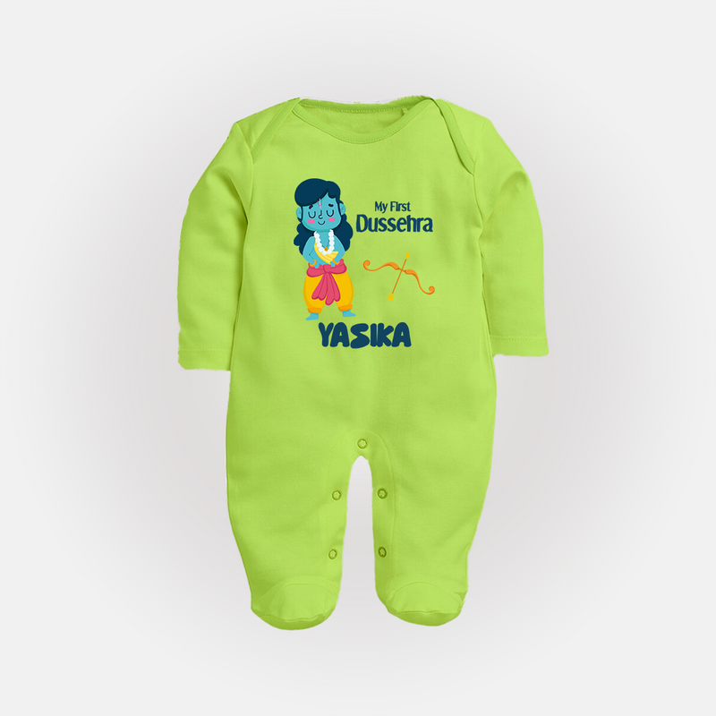 Baby's First Dussehra Sleep Suit | Custom Sleep Suit for Little Devotees - LIME GREEN - New Born (Chest 7.5")