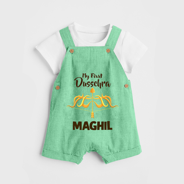 Little Ram Lalla My First Dussehra Dungaree Set | Personalized Baby Outfit - GREEN - 0 - 5 Months Old (Chest 18")