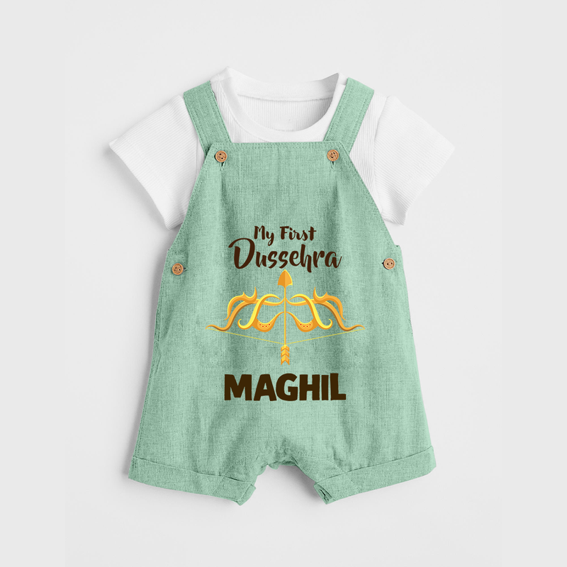 Little Ram Lalla My First Dussehra Dungaree Set | Personalized Baby Outfit - MINT GREEN - 0 - 5 Months Old (Chest 18")