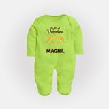 Little Ram Lalla My First Dussehra Sleep Suit | Personalized Baby Outfit - LIME GREEN - New Born (Chest 7.5")