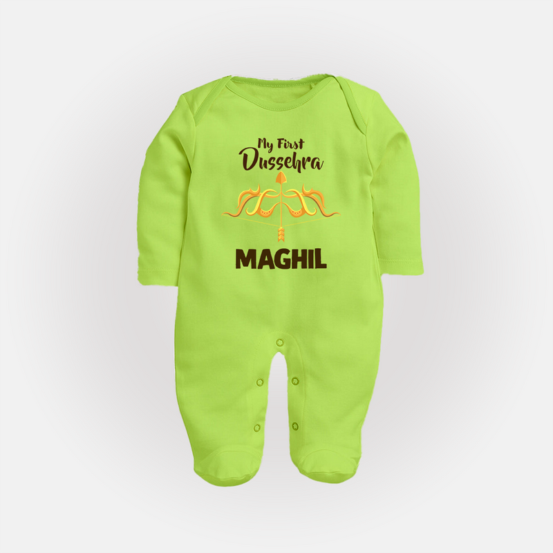 Little Ram Lalla My First Dussehra Sleep Suit | Personalized Baby Outfit - LIME GREEN - New Born (Chest 7.5")