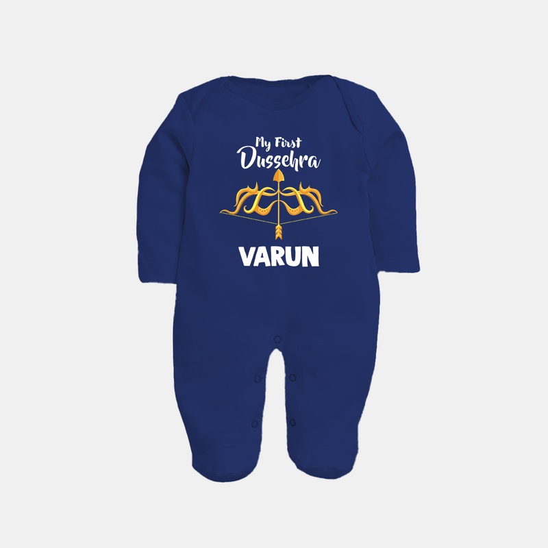 Little Ram Lalla My First Dussehra Sleep Suit | Personalized Baby Outfit - NAVY BLUE - New Born (Chest 7.5")