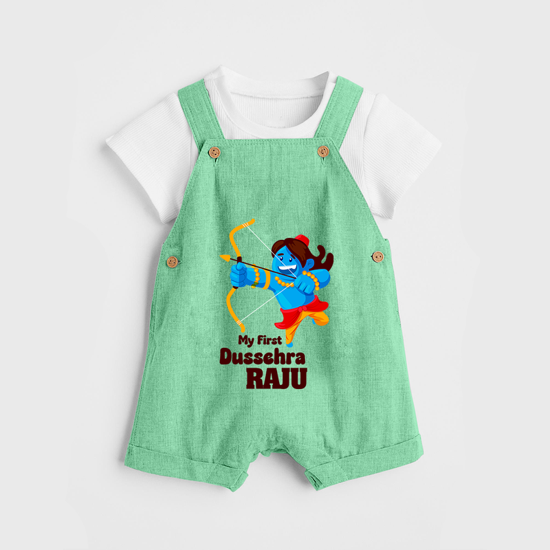 Mini Ram My First Dussehra Dungaree Set | Custom Baby Dungaree Set for Festival - GREEN - 0 - 5 Months Old (Chest 18")