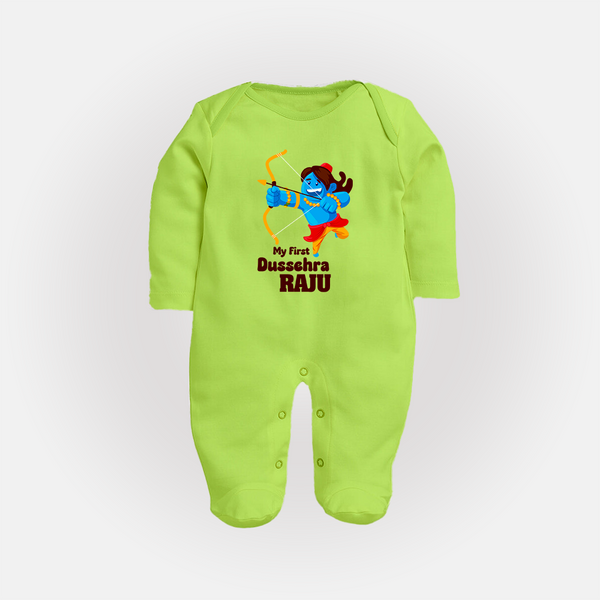Mini Ram My First Dussehra Sleep Suit | Custom Baby Sleep Suit for Festival - LIME GREEN - New Born (Chest 7.5")