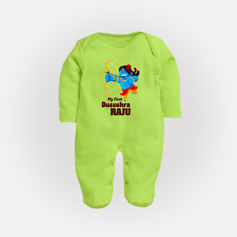 Mini Ram My First Dussehra Sleep Suit | Custom Baby Sleep Suit for Festival - LIME GREEN - New Born (Chest 7.5")