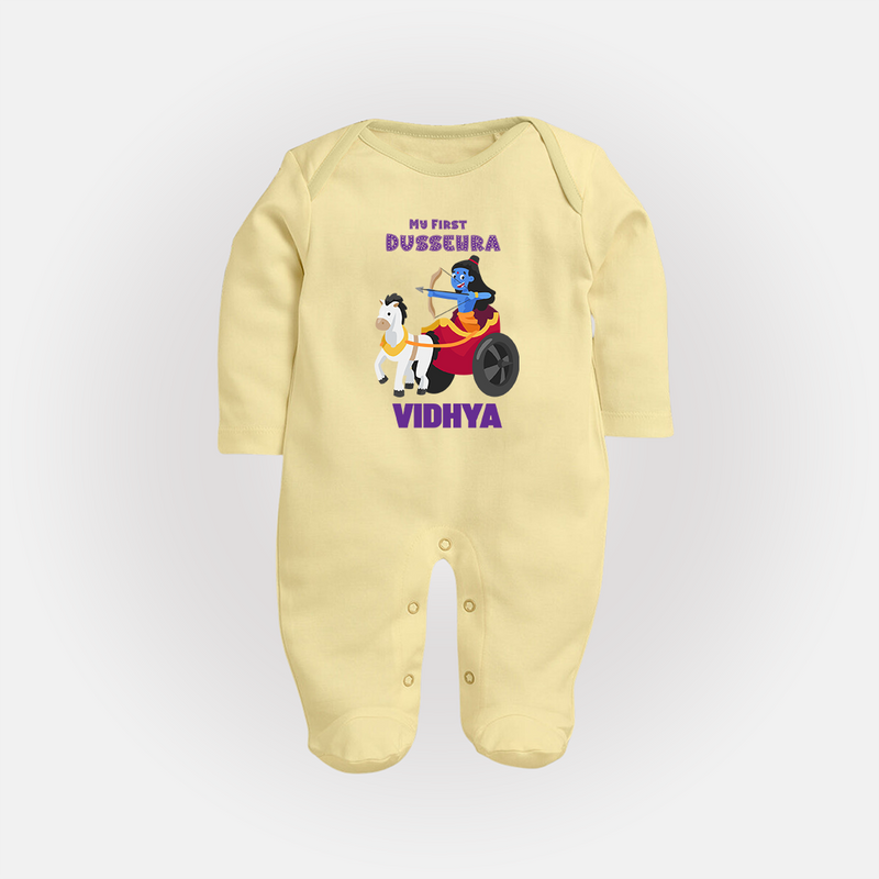 My First Dussehra Sleep Suit | Personalized Baby Outfit for Dussehra - PASTEL YELLOW - New Born (Chest 7.5")