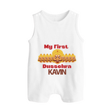 My First Dussehra Victory Bow Button Romper - WHITE - New Born (Chest 18")