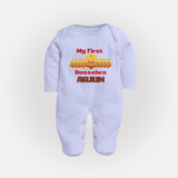 Good Always Wins My First Dussehra Sleep Suit | Personalized Baby Outfit - BABY BLUE - New Born (Chest 7.5")