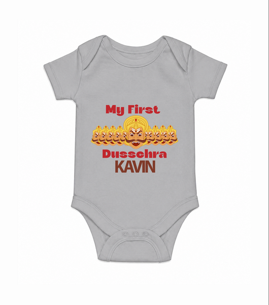 My First Dussehra Victory Bow Romper - GREY - New Born (Chest 14")